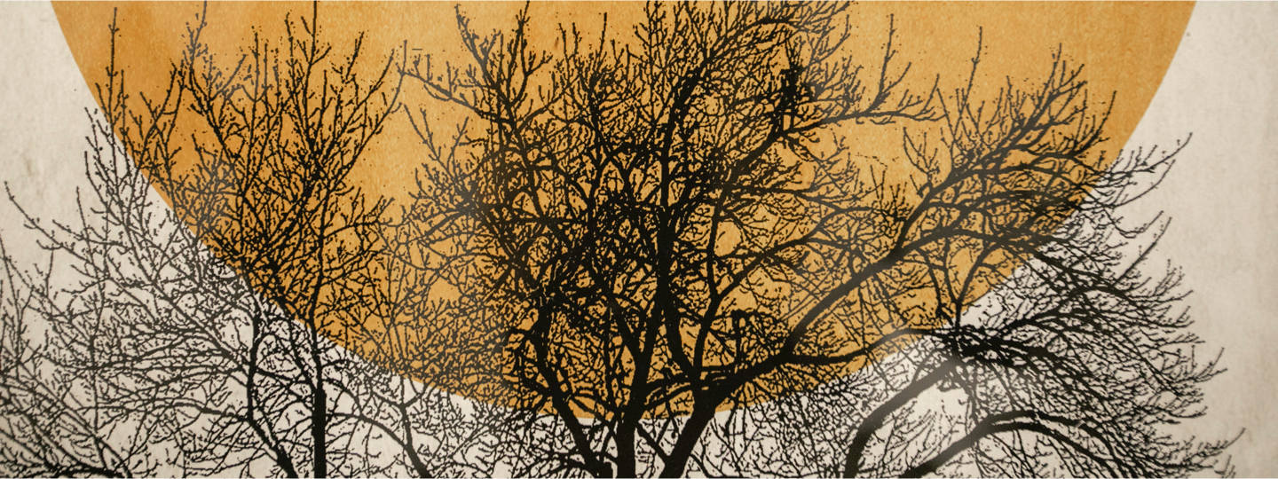 Wall art of a tree in front of the sun